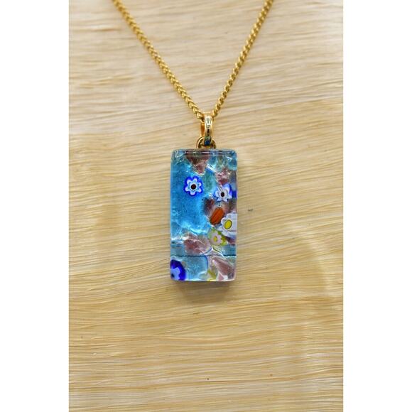 Artisan Handblown Glass Pendant Foil Blue Flower Rectangle Gold Tone Chain BinM - Picture 8 of 12
